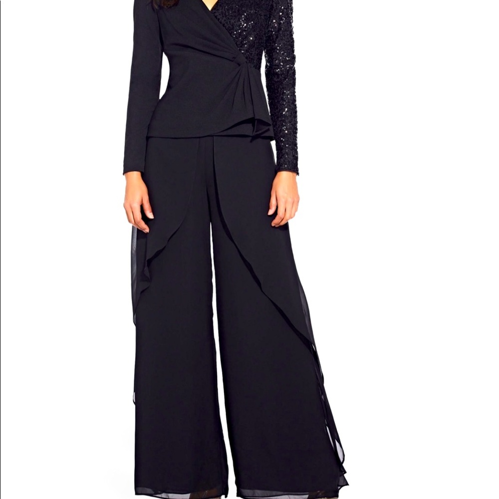 - Adrianna Papell Black Chiffon Ruffle Wide Leg Pants